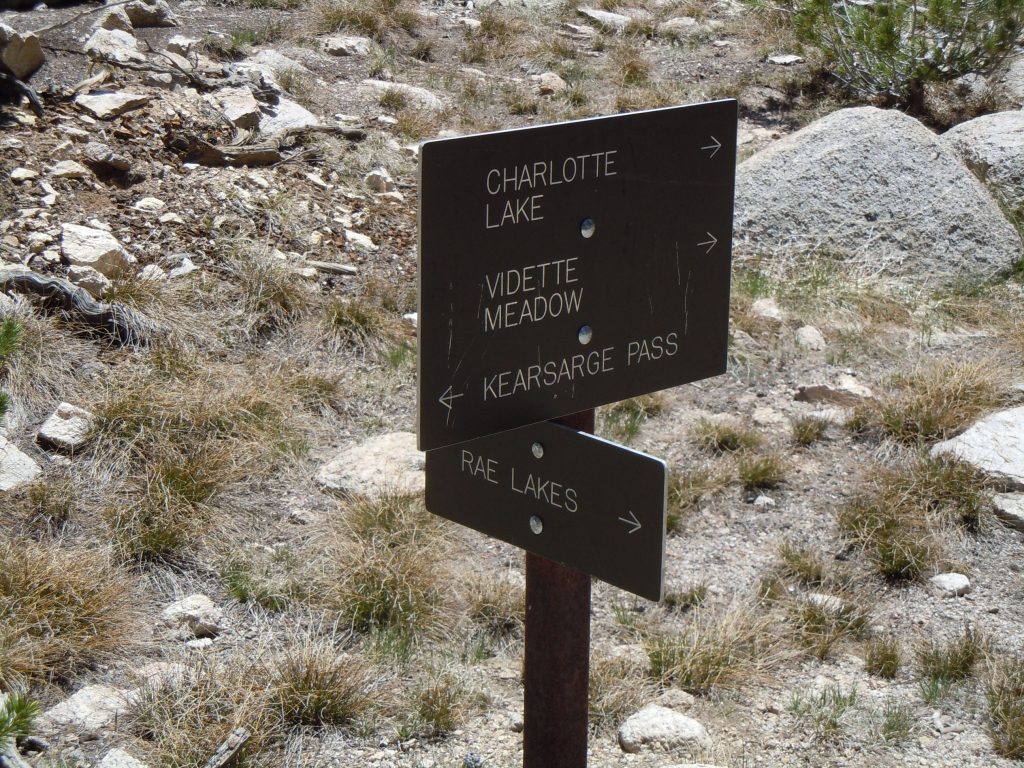 Sign at the intersection of bullfrog lake trail and the JMT/ PCT